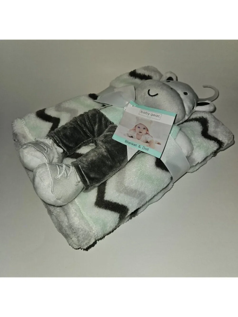 NEW Baby Gear Zebra Lovey Fleece Baby Blanket Gift Set Gray Green White Chevron